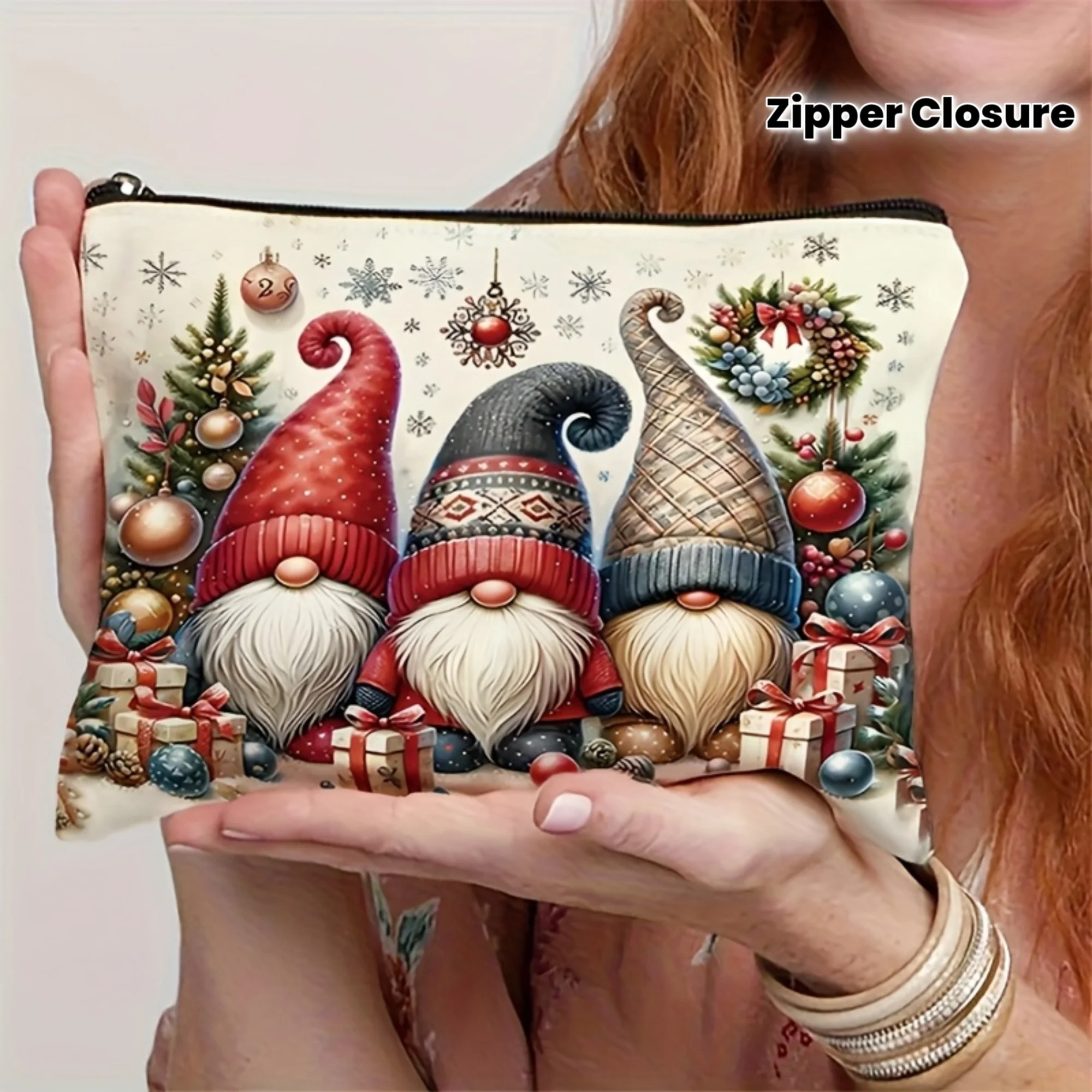 Christmas Three Gnomes Print Makeup Bag Xmas Gnome Dwarf Cosmetic Pouch Holiday Gift Wreath Snowflake Travel Zipper Storage Bags