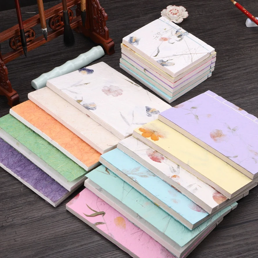 Handmade Thread-Bound Notebook with Pressed Flowers & Tassel,Art Floral Xuan Paper for Chinese Calligraphy, Drawing & Journaling