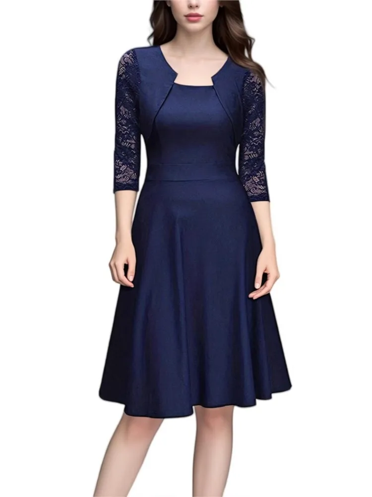 Damen-Kleid mit Spitzen-Patchwork-Ärmeln, rotem quadratischem Ausschnitt, Frühling und Sommer, elegantes, tailliertes, großes Swing-Kleid mit 7-Zoll-Ärmeln