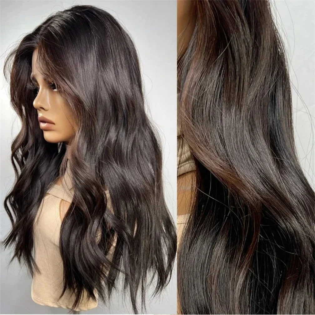

26Inch Long Black Body Wave180 Density Soft Lace Front Wigs For Women With Bangs Baby Hair Synthetic Fiber Deep Part Daily