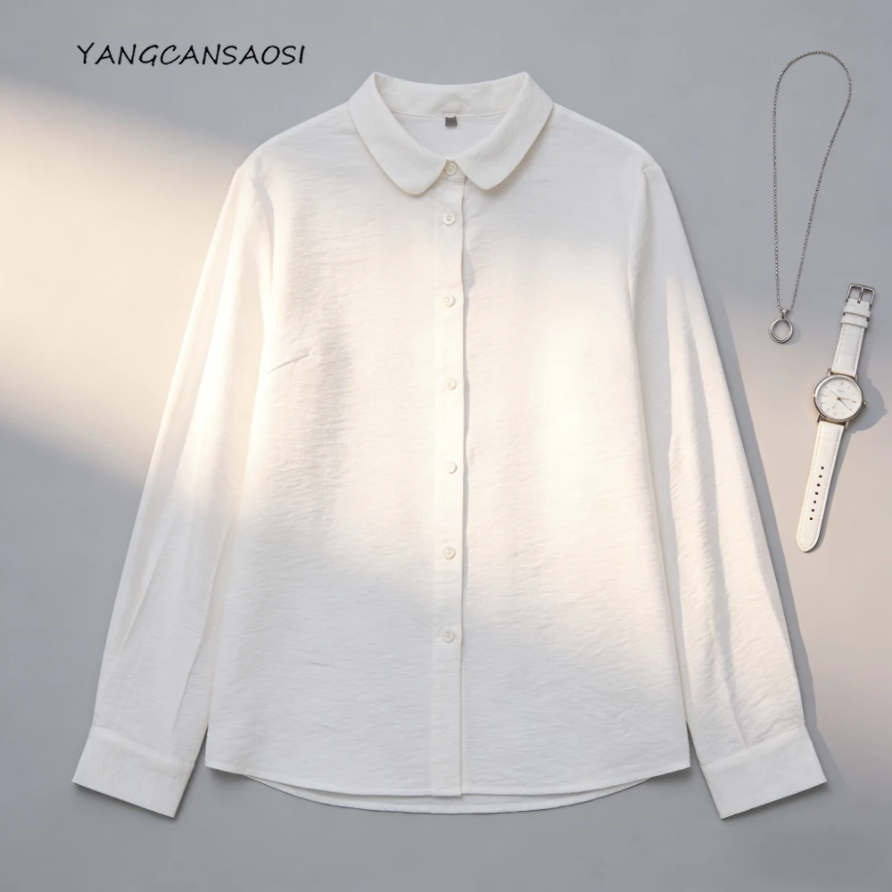 

2026 Women's Fashion Spring New Clothing 82% Natural Mulberry Silk White Base Crepe Long Sleeve Single-breasted Commuter Shirt