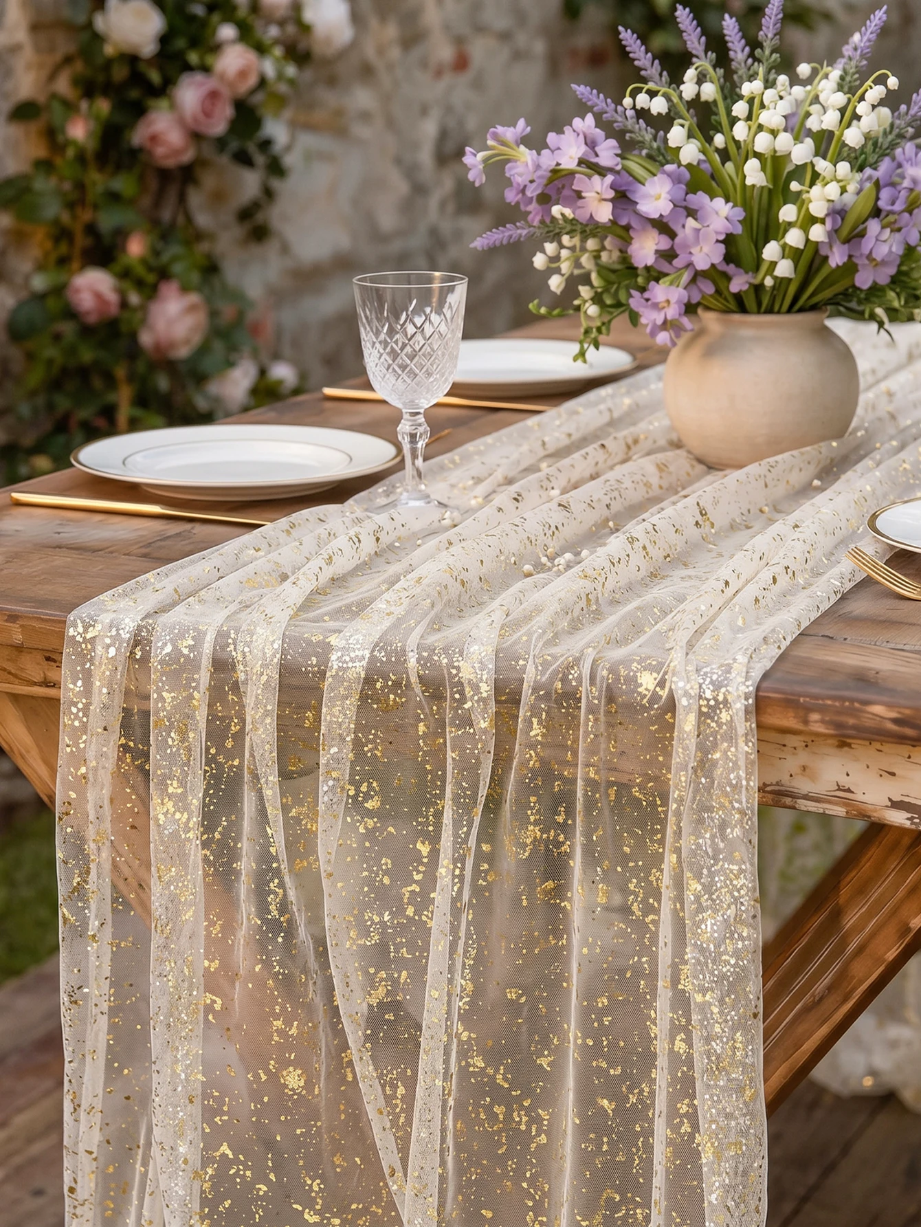 1 Pcs Tulle Table Runner with Gold Foil Champagne Gauze Table Runner, Seasonal Sheer Dining Holiday Wedding Birthday Table Decor