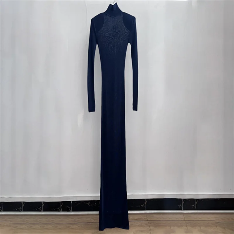 

Women's dress New elastic knitted slim fit long dresses for summer 2025 Half perspective high neck midi dresses party dresses