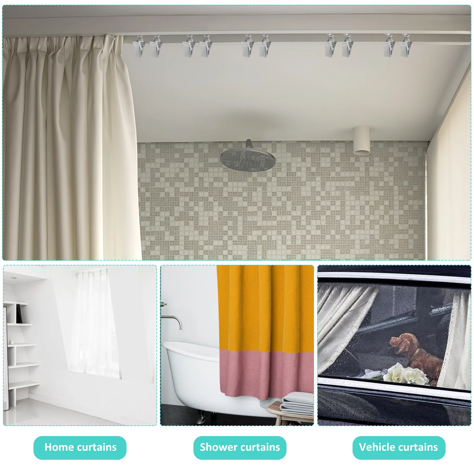 

50Pcs Curtain Glider Clips Metal Smooth Rolling Pulleys for and Secure Hold Home Room Divider Shower Curtain Track