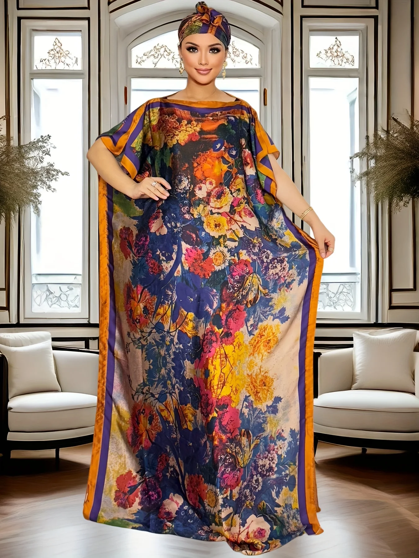

Women's Colorful Print Party Dress Batwing Sleeve Loose Fit Evening Cocktail Gown