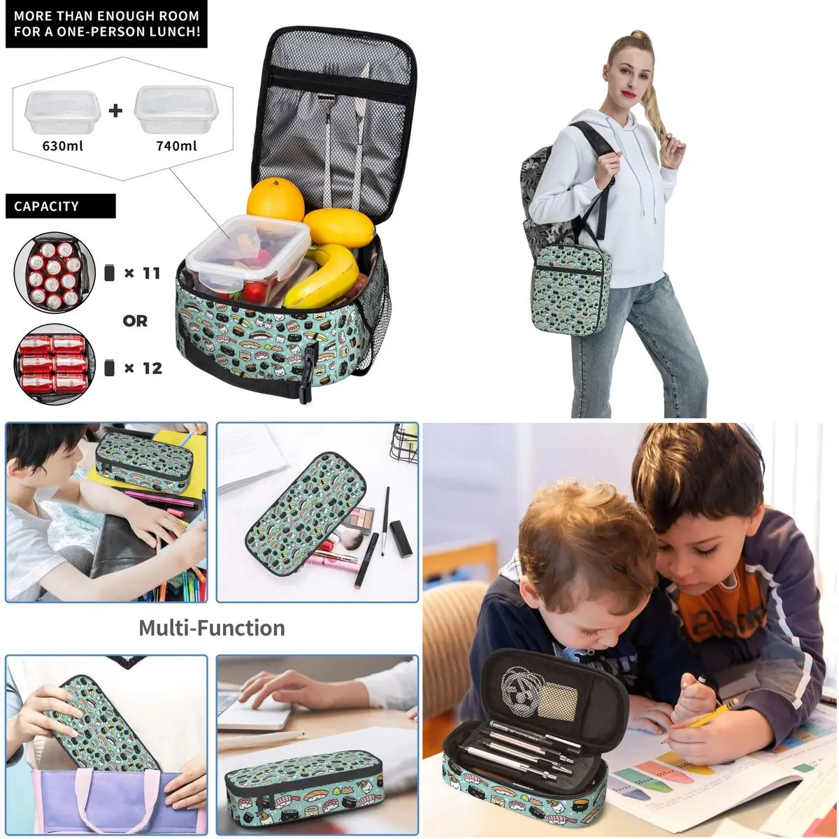 Cute Sushi Pattern Kawaii Sushi Characters Backpacks Boys Bookbag Children School Bag Rucksack Lunch Bag Pen Bag Three-Piece Set