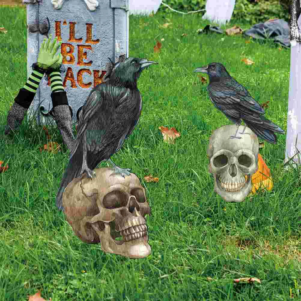 

2Pcs Halloween Yard Sign Crow Skull Stake Decoration Ground Insert Decor Halloween Party Lawn Sign Stake Decor