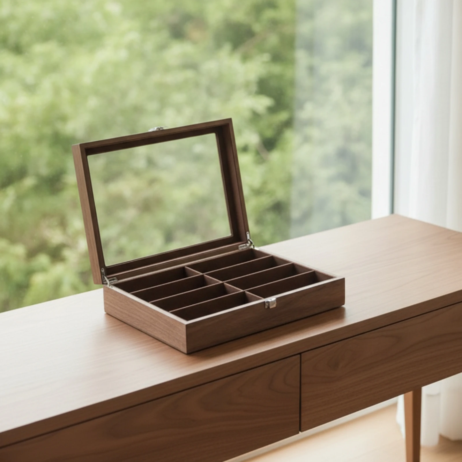 Sunglasses Organizer with Glass Lid Hinged Eyewear Box with Transparent Lid Glasses Display Case Wooden Sunglasses Organizer