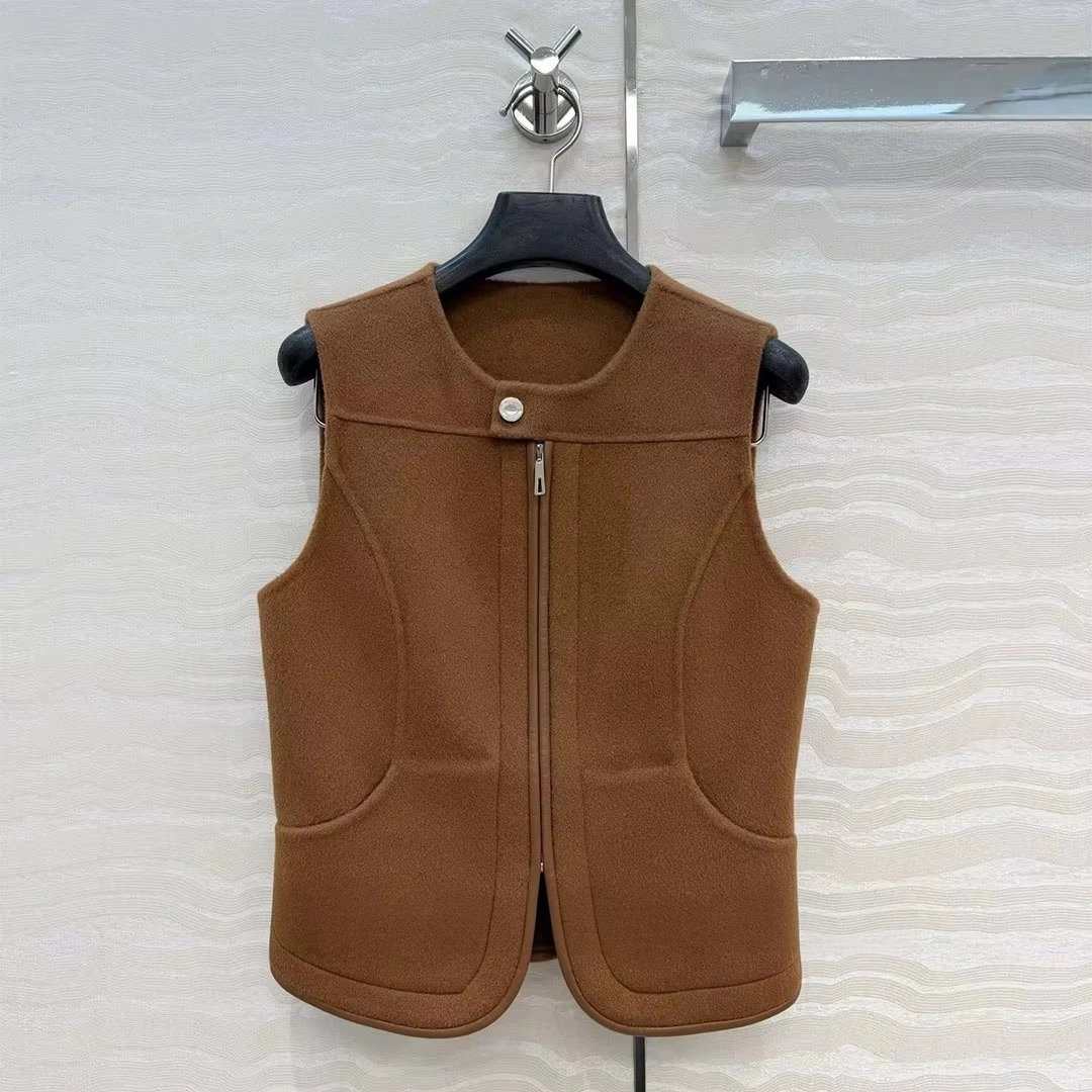 2026 New Fall Winter Top Quality Wool Cashmere Double Sided Woolen Coat Vest Women O-neck Sleeveless Zipper Pockets Short Tank
