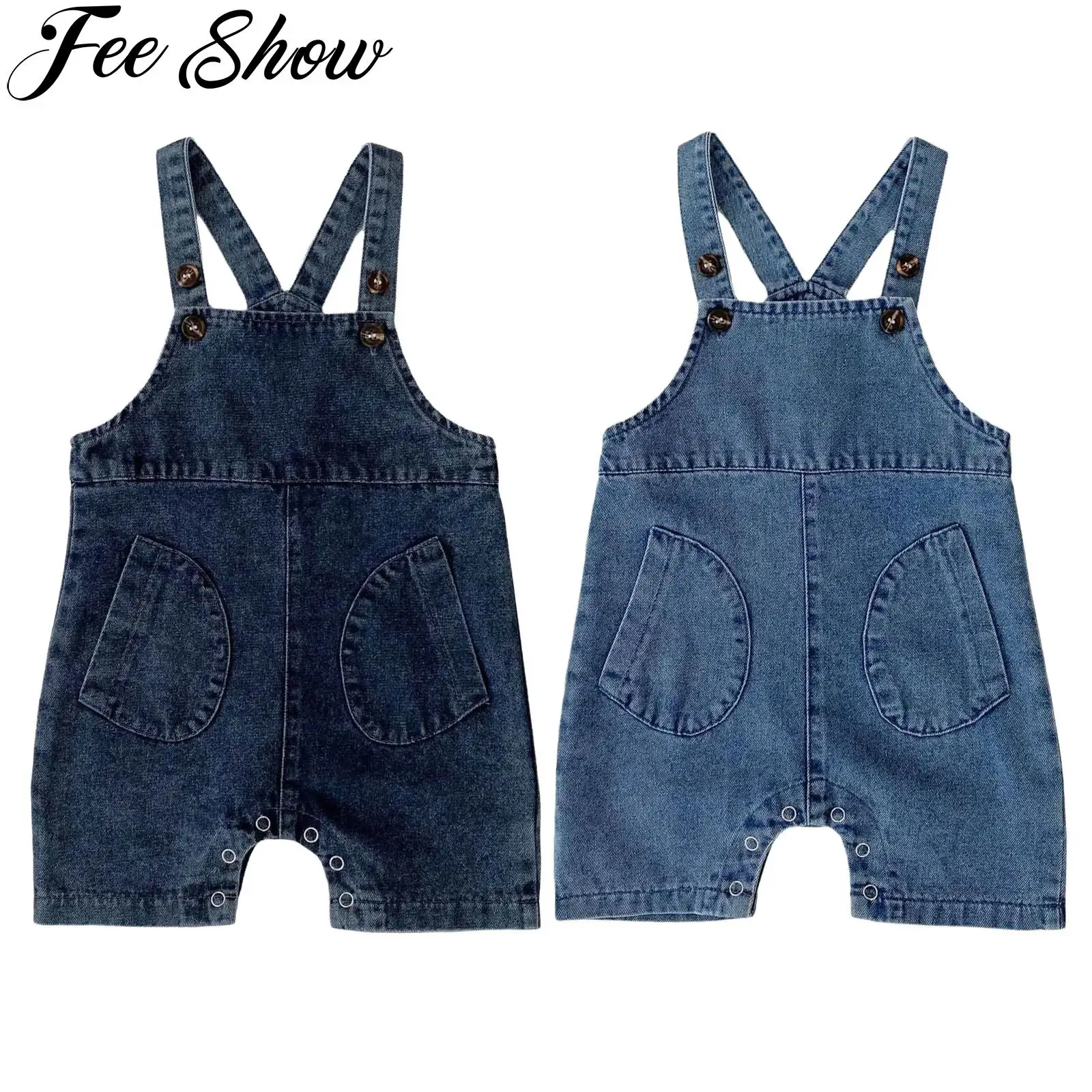 

Baby Girls Boys Summer Clothes Denim Suspender Shorts Button Jeans Overalls Bodysuit with Pocket Children Casual School Wear