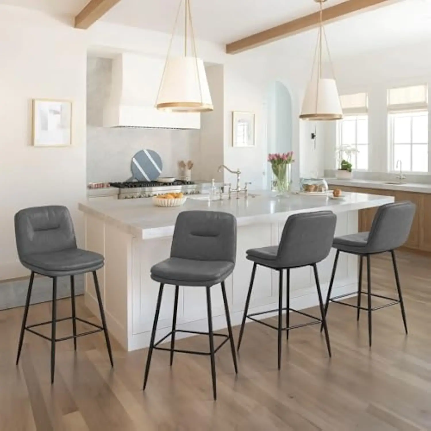 

26 英寸 Bar Stools Set of 4, Double-Layer Upholstered Counter Height Bar Stools for Kitchen Island, Faux Leather Barstools with