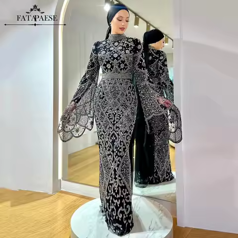FATAPAESE Customized Muslim Flare Sleeve Evening Dresses Fully Beaded Stones Mermaid Arabic Dubai Hijab Dress Wedding Party