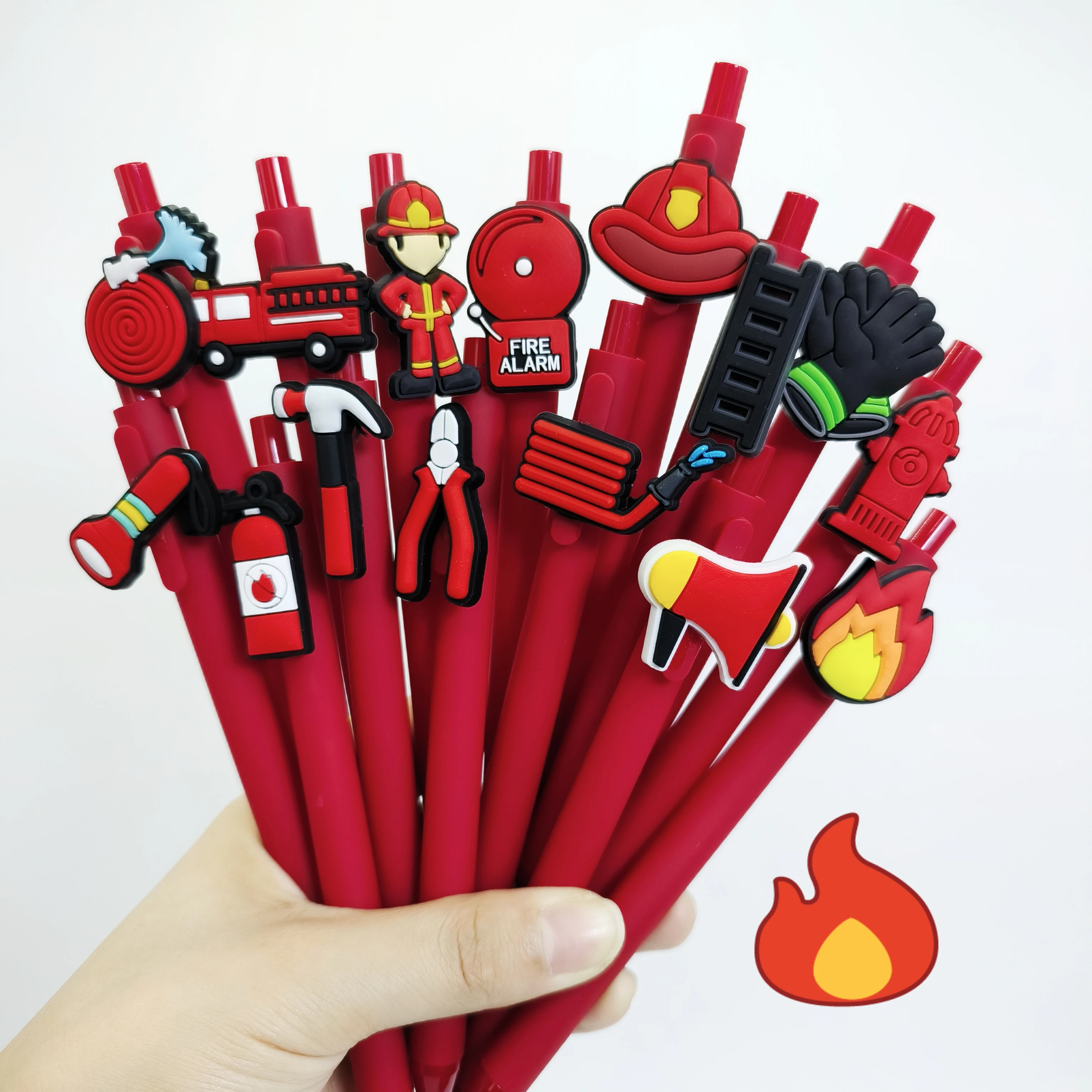 10Pcs red fire patch pen, fire theme modeling patch ballpoint pen, student writing gift pen, random style