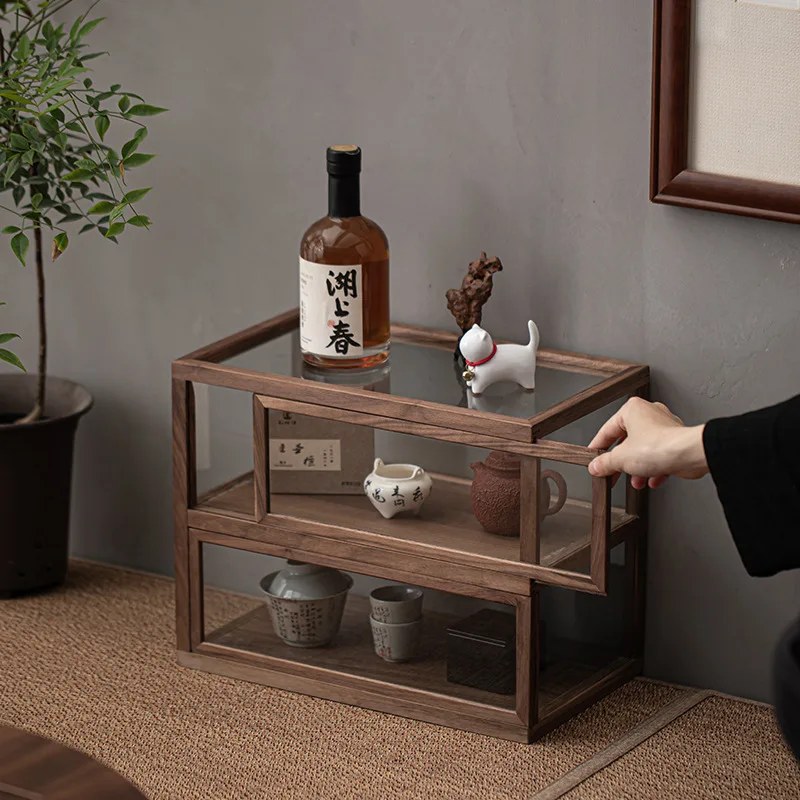 Walnut Single Push Tea Cabinet Solid Wood Glass Tea Cabinet Tea Set Storage Cabinet Storage Rack Kung Fu Tea Set Accessories