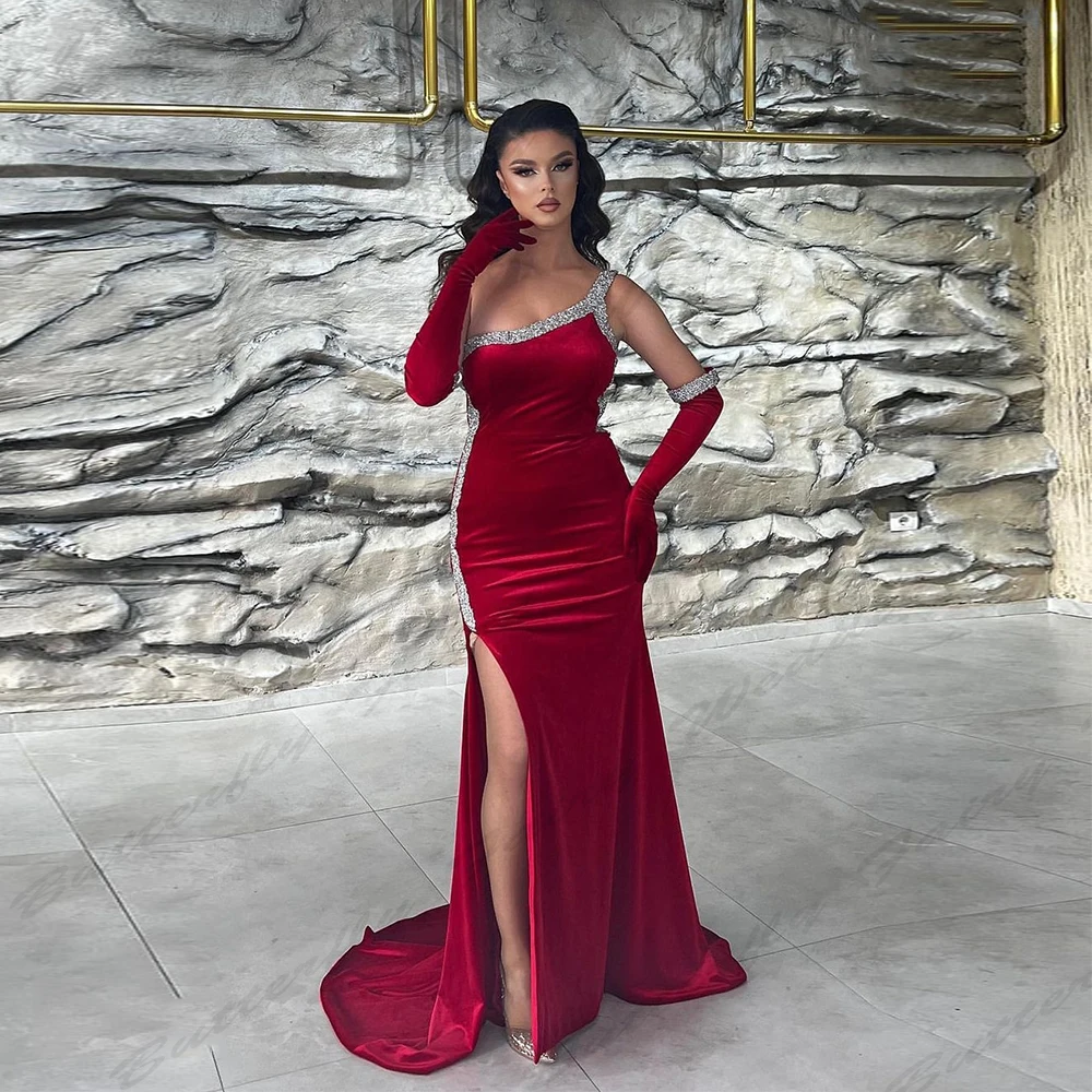 

Elegant Gorgeous Satin Evening Dresses For Women New Beading Sexy Off Shoulder Long Sleeved High Slit Simple Mopping Prom Gowns