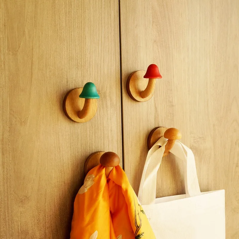 Creative Wooden Mushroom Hooks No-hole Solid Wood Cloak Wall Hooks Scandinavian Log Coat Rack Behind The Door Storage