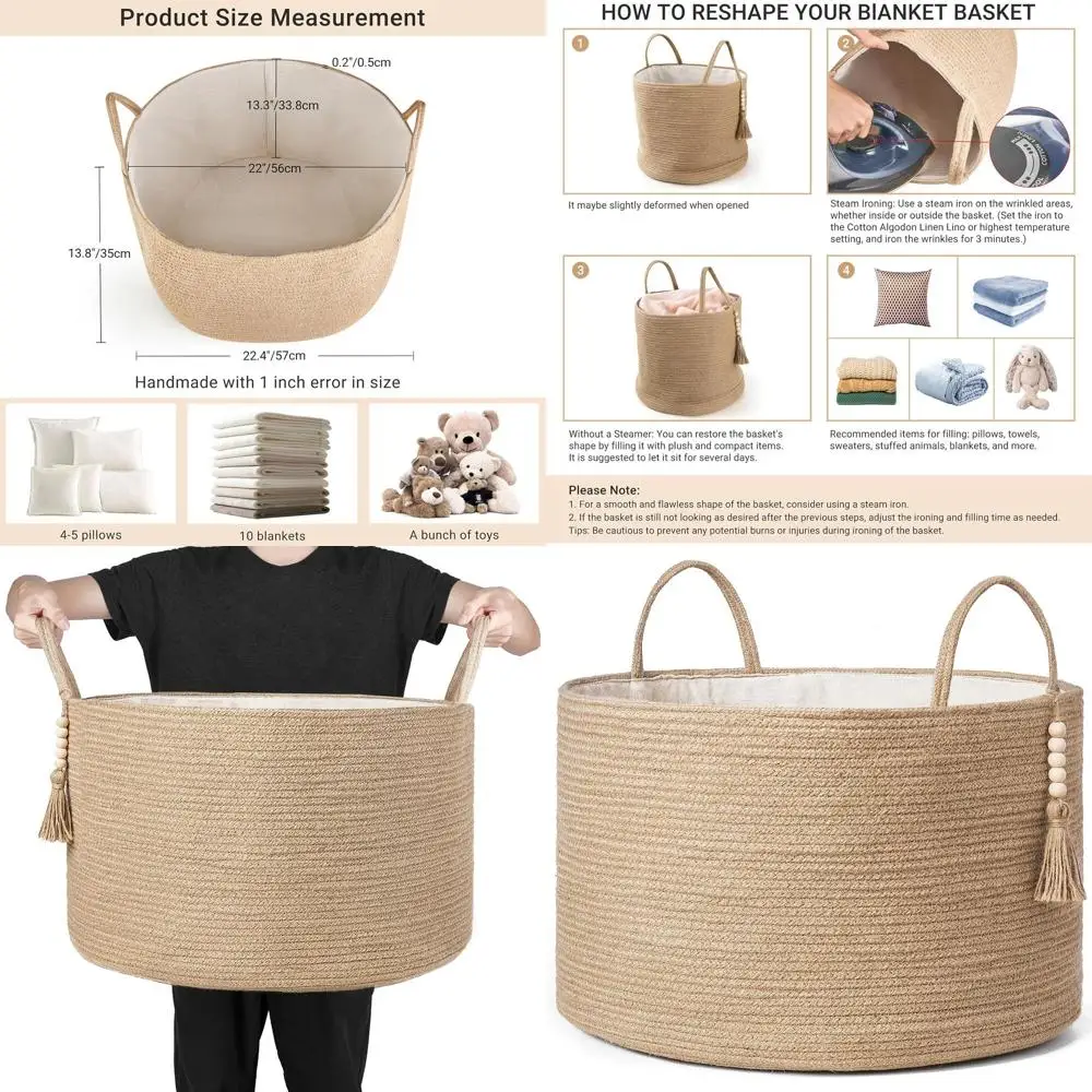 

Extra Large Laundry Basket Woven Storage Baskets or Blankets Toys Clothes Organizer, Decorative Clothes Hamper 21.7" x 13.8"