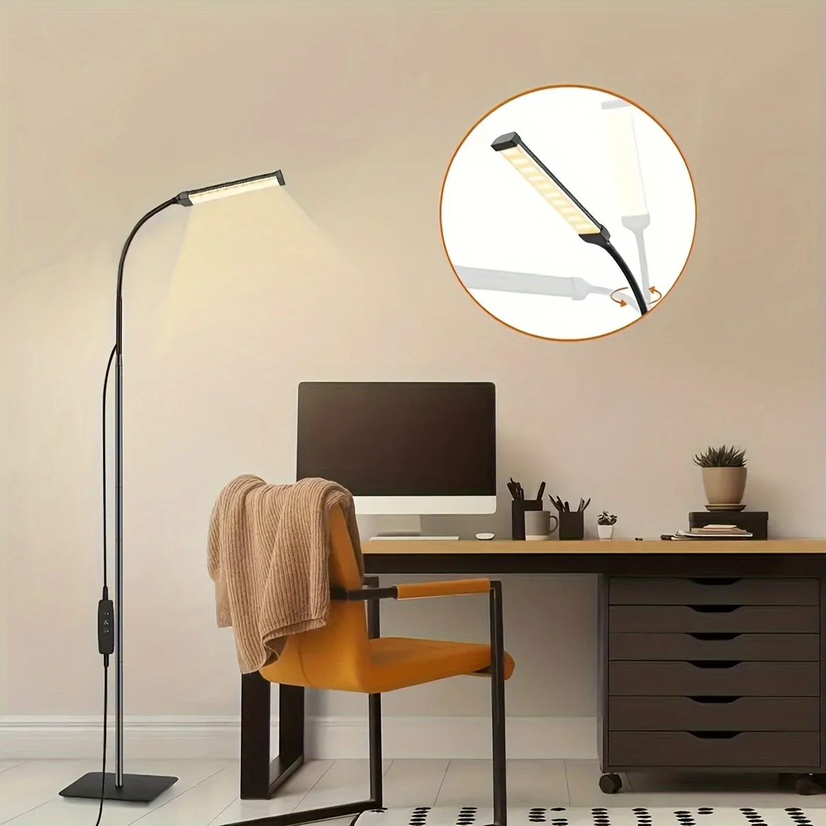 Living Room LED Floor Lamp 360 Degree Adjustable Gooseneck Standing Lamp Dimmable Vertical Reading Lamp USB Plug-in Corner Lamp