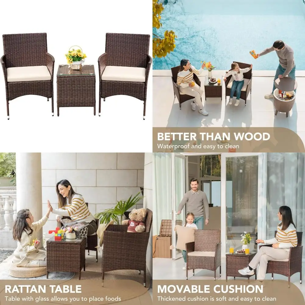 

3-Piece Outdoor Patio Furniture Set with Rattan Wicker Chairs and Table in Brown/Beige