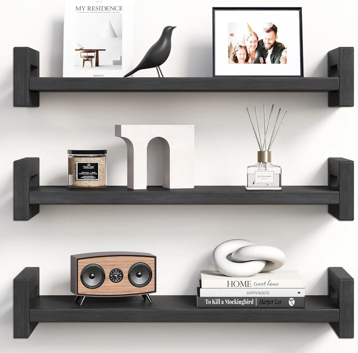 

Floating Shelves for Wall, Set of 3 Solid Wood Wall Mounted Shelves, 16" Black Display Shelf for Bedroom, Living Room,