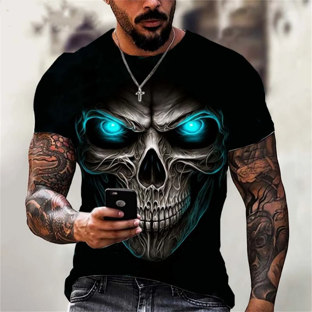 Novo 3d impresso t camisa masculina verão vintage crânio impressão topos diabo manga curta moda o pescoço rua camisas de grandes dimensões dos homens