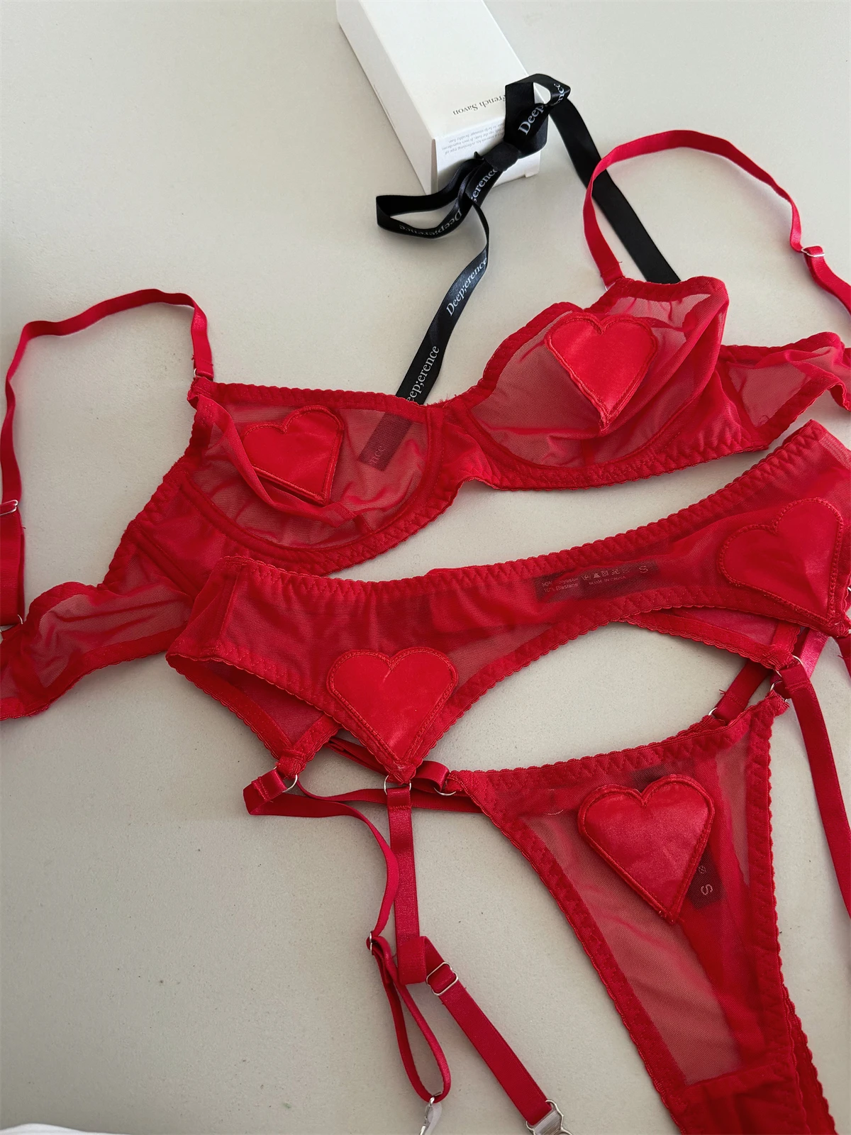 

Love charming lingerie briefs set women underwear mesh three-piece lace sexy thin steel ring top support gathered bra