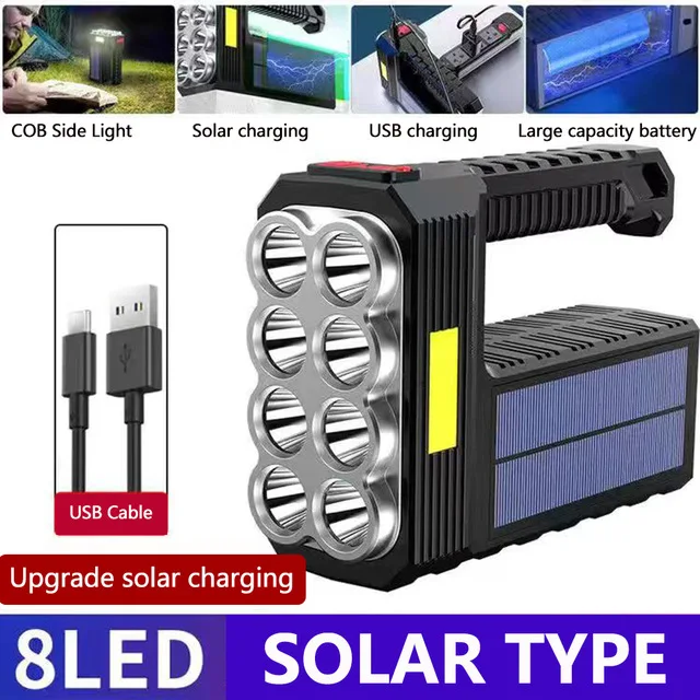 

8LED Handheld Charging Flashlight Solar Powered Waterproof Portable Searchlight with COB Sidelight Camping Emergency Work Light