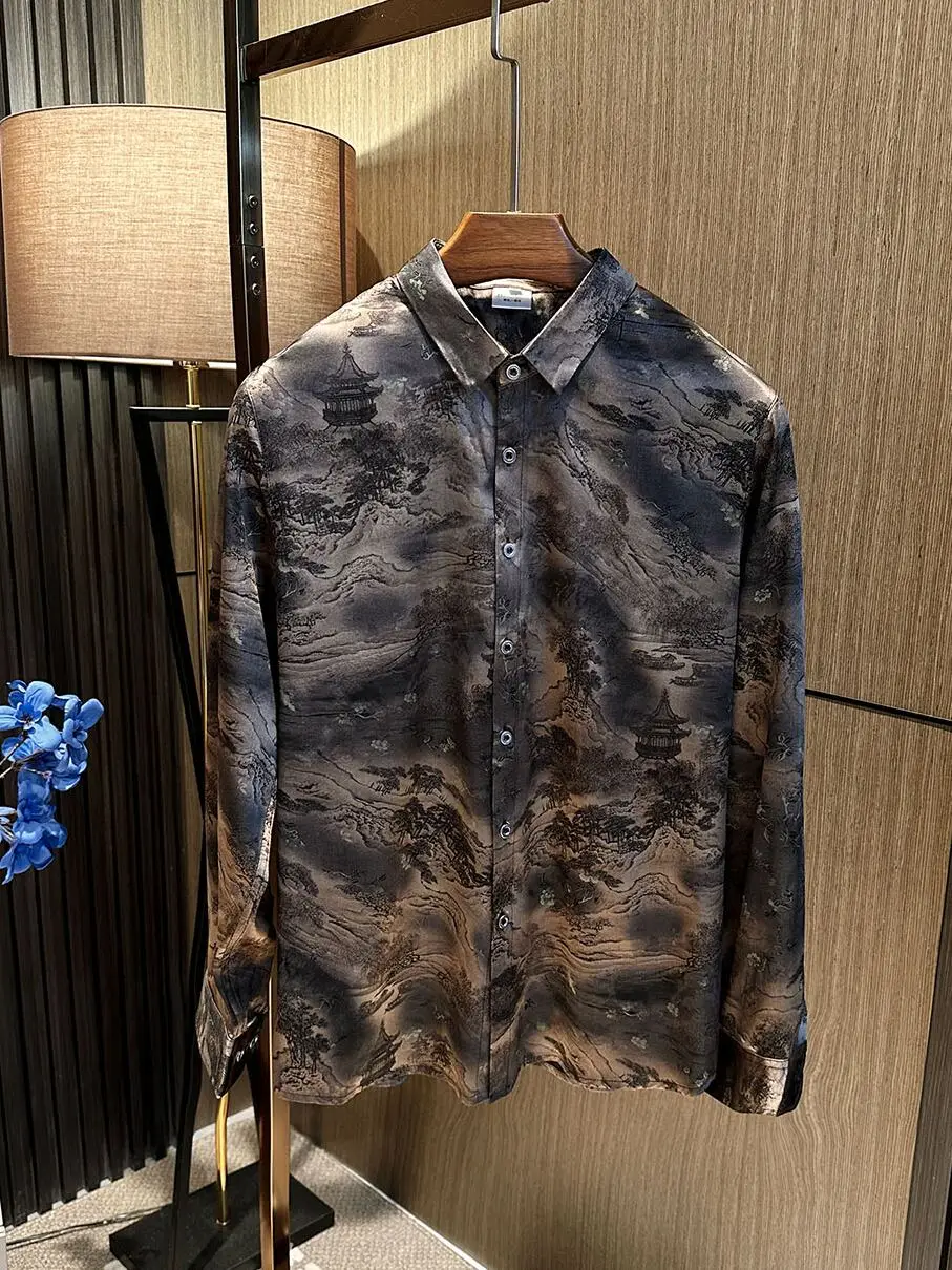 

New Chinese Sle! High End Silk! 2025 Autumn New Men's Luxury Silk Vintage Long Sve irt Breathable Thin Model