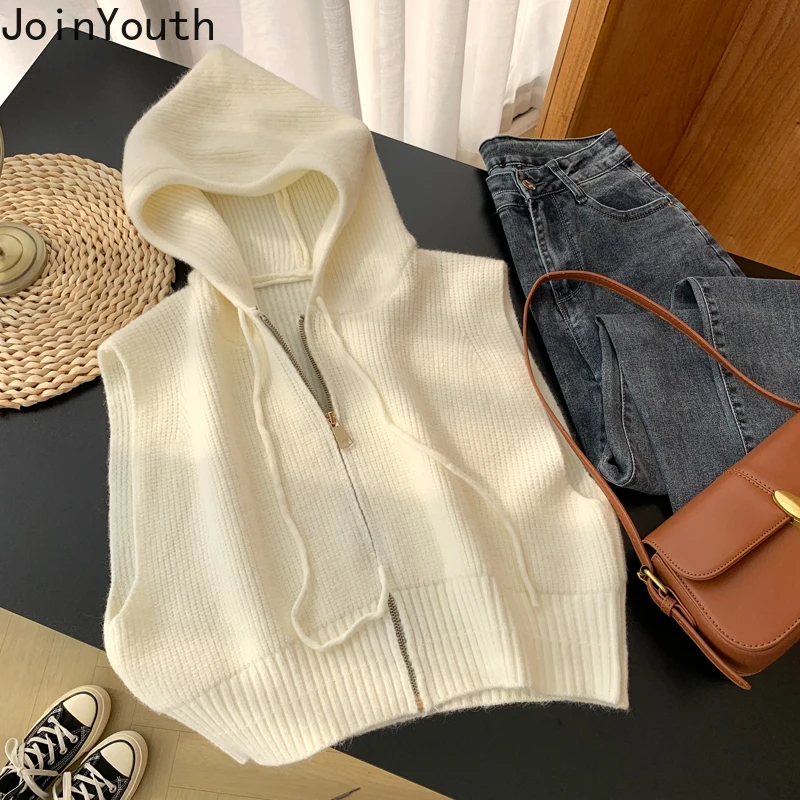 Joinyouth Fashion Hooded Sweater Vest Women Casual Knit Cropped Tops Zipper Coat Korean Sleeveless Waistcoat Chalecos Para Mujer