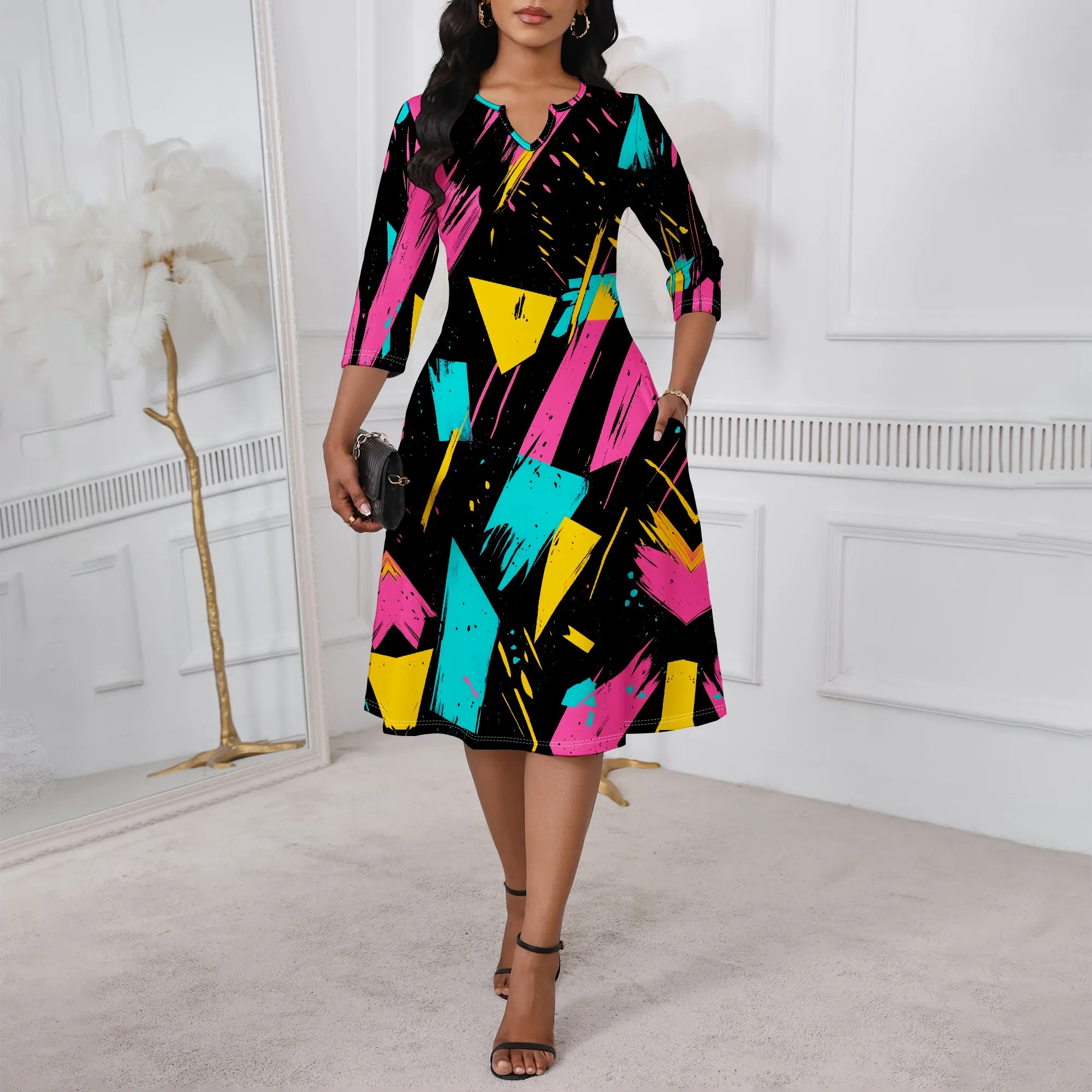 

Neon Graffiti Print Dress XS-3XL V-Neck A-Line with 3/4 Sleeve for Club Night, Afro Streetwear or Urban Parade Look