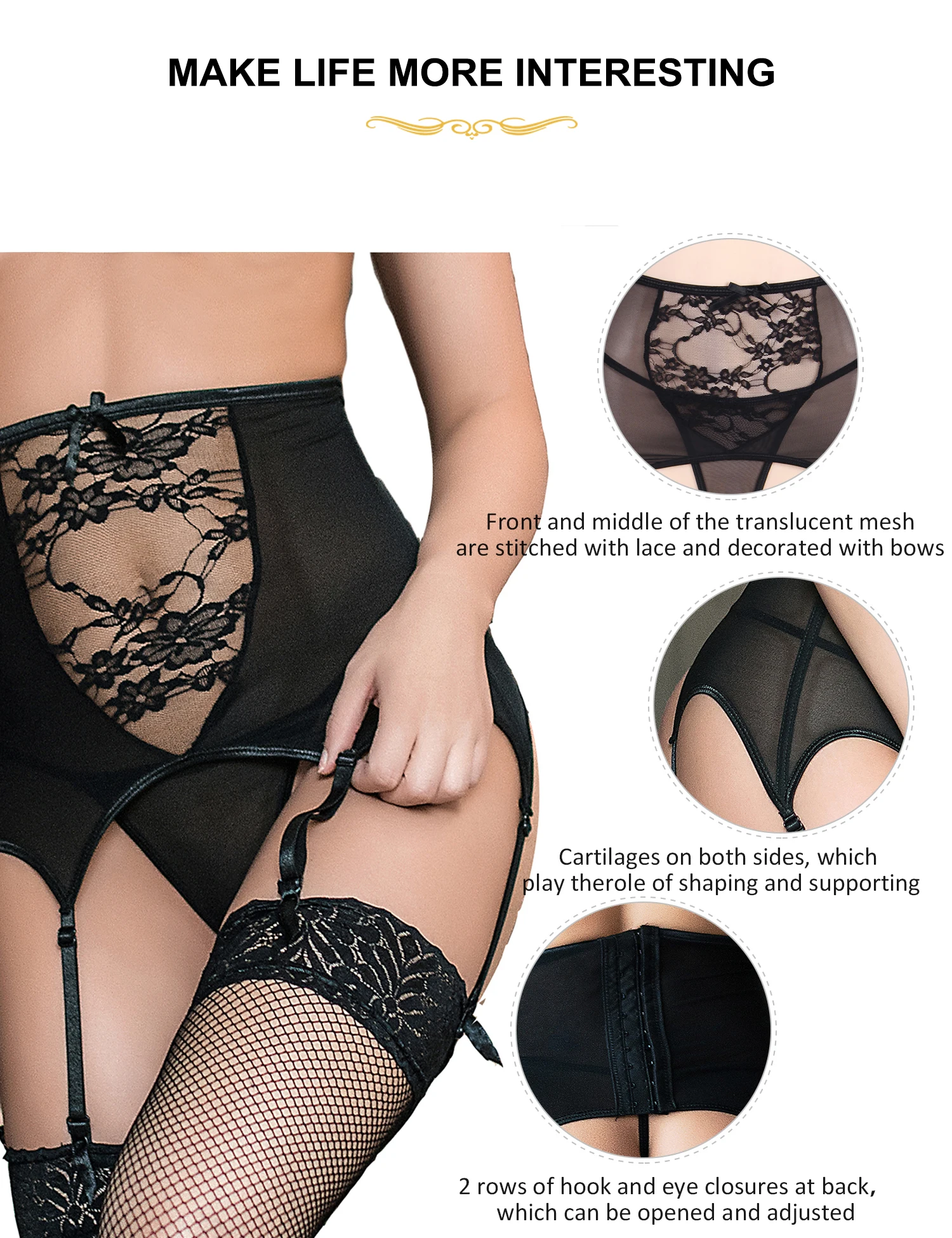 Intimo da donna in pizzo floreale Mutandine a vita alta in rete trasparente Reggicalze a 6 cinghie Lingerie taglie forti con reggicalze per calze