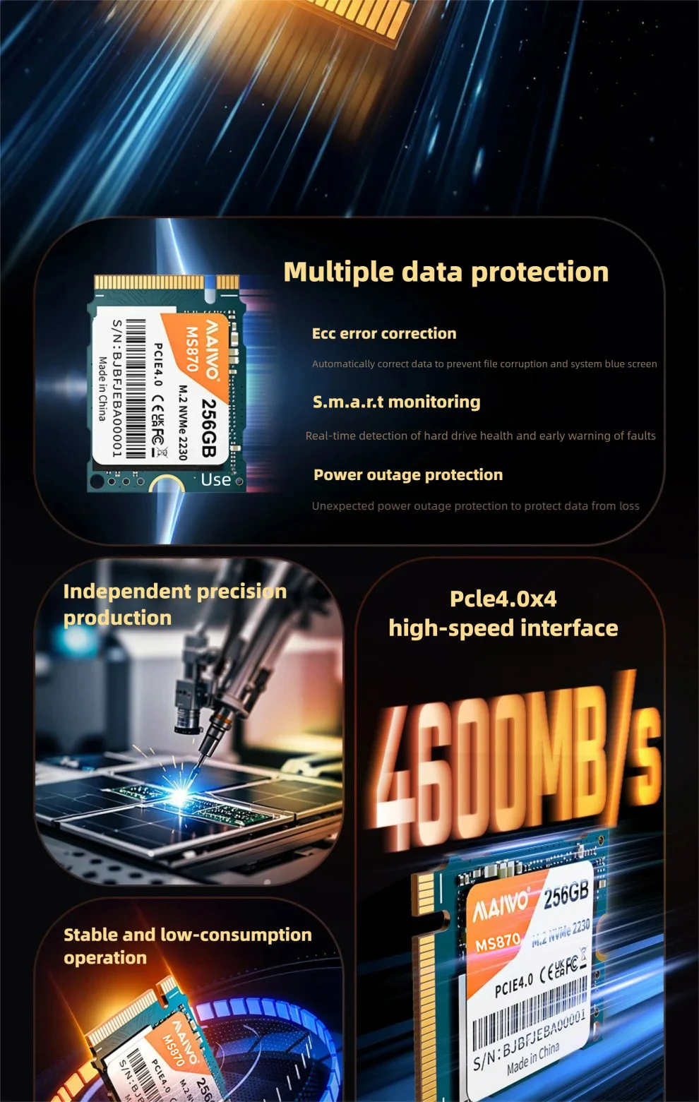 MAIWO M.2 2230 SSD 256GB NVMe PCIe 4.0x4 Gen4 Interne Festplatte Bis zu 4600MB/s NVME SSD Interne Solid-State-Laufwerke für PC Laptop – Detail 3