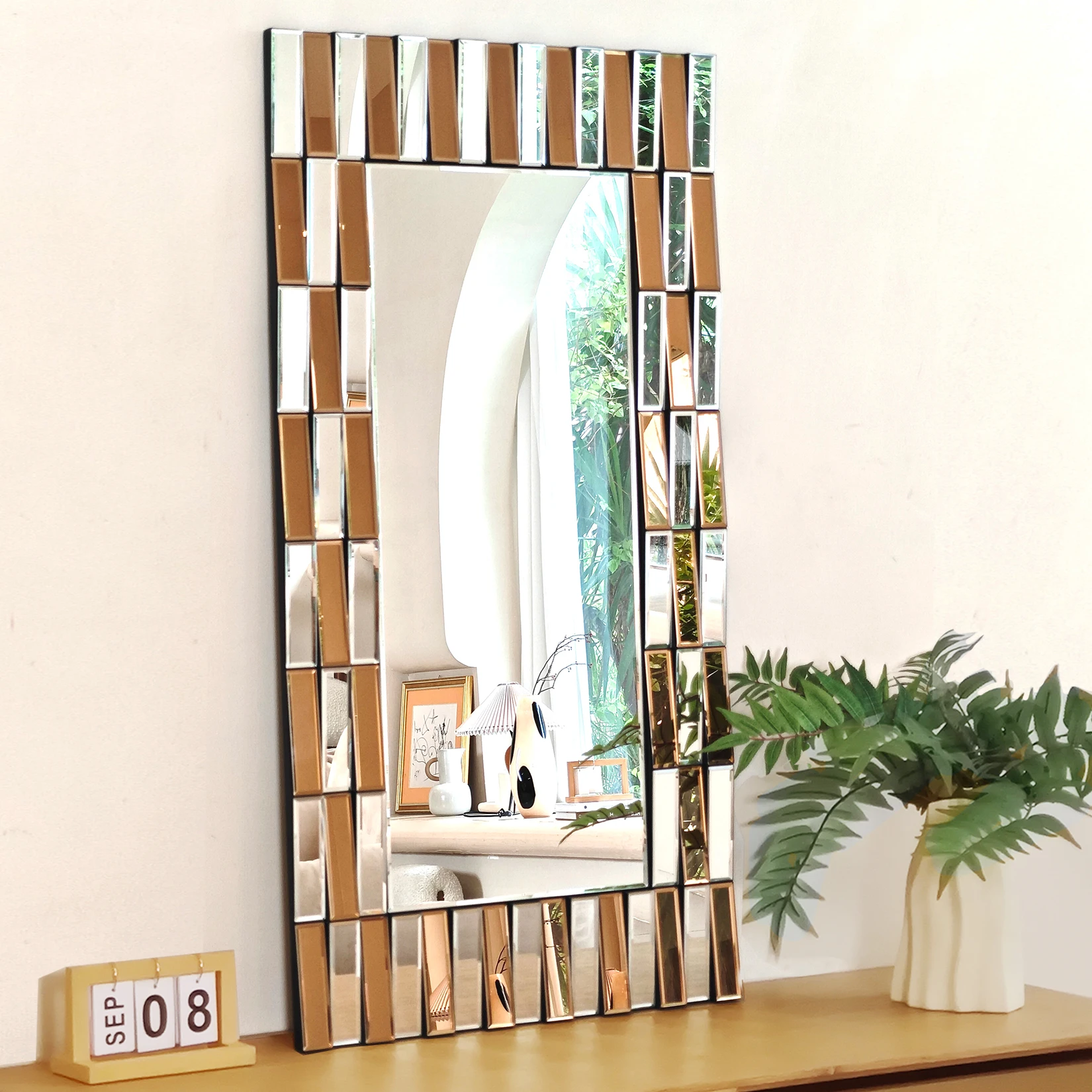 

Silver+Tawny All Glass Framed Rectangle Beveled Wall Mirror Large for Home Decor Horizontal/Vertical