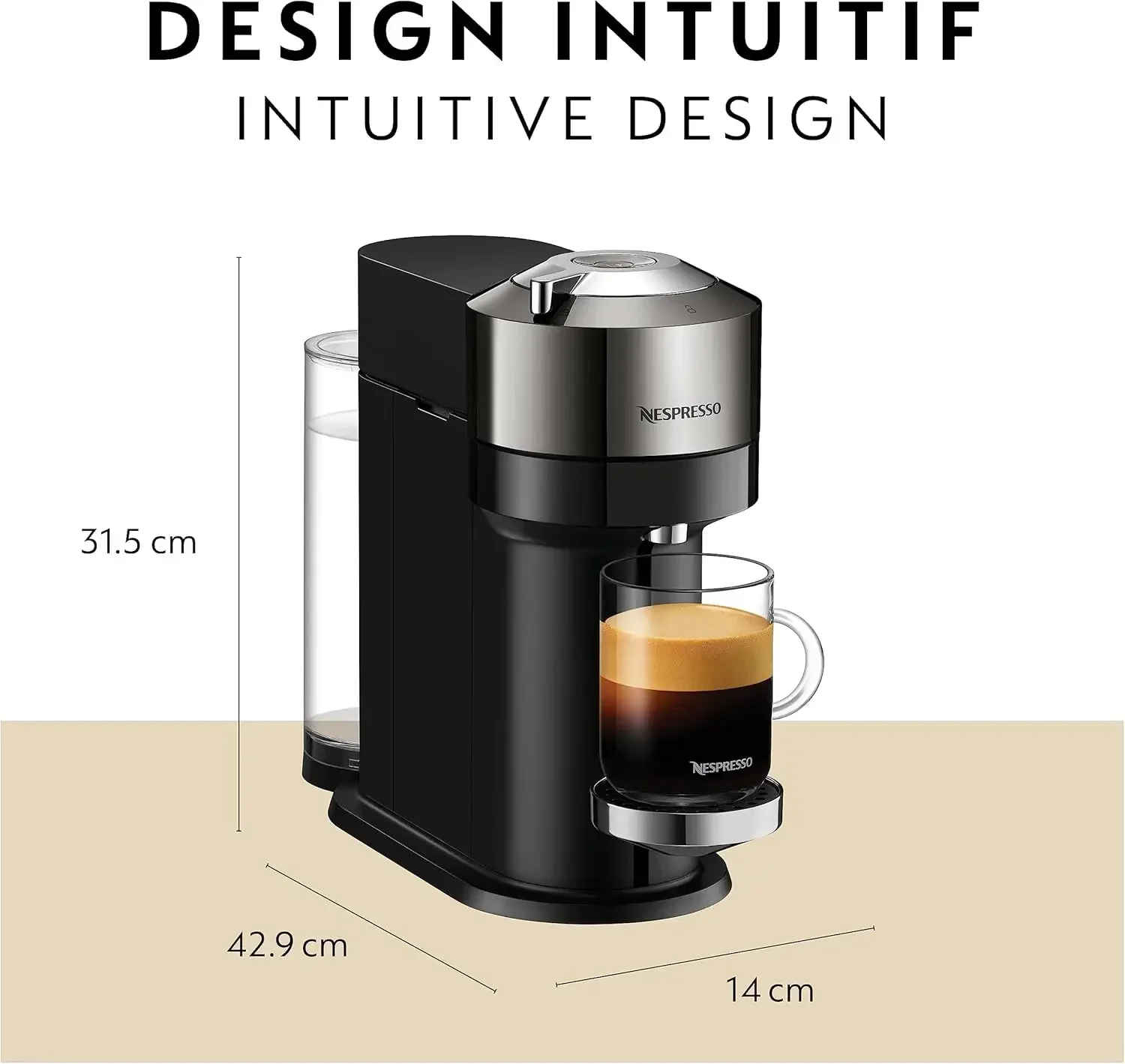 Nespresso Vertuo Next Deluxe koffie- en espressomachine, puur chroom met Aeroccino melkopschuimer, 1,1 liter, zwart, donker chroom