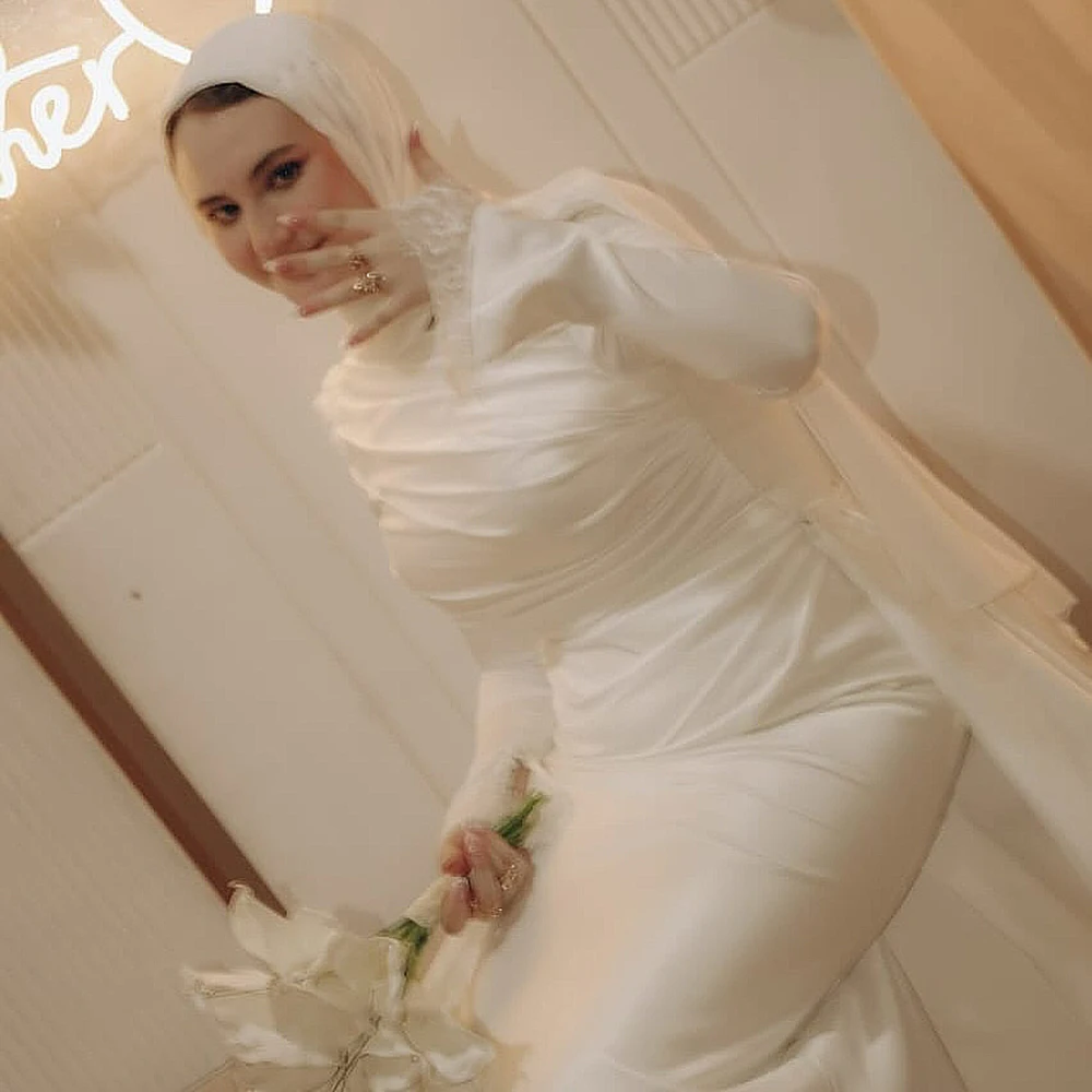 Eightale Arabic Wedding Dress O-Neck Customized Ivory Satin Long Sleeves Pleat Muslim Bridal Gown Mermaid Bride Party Dress