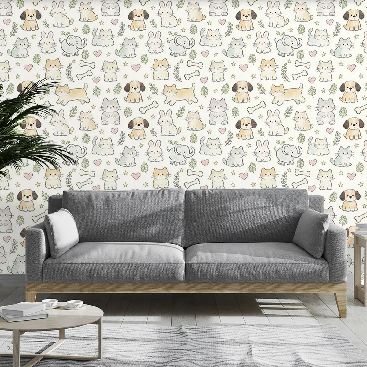 1PC Cartoon Cute Pet and Flower Wall Sticker PVC Flat Simulation Loop Wallpaper for Living Room and Bedroom Wall Decoration