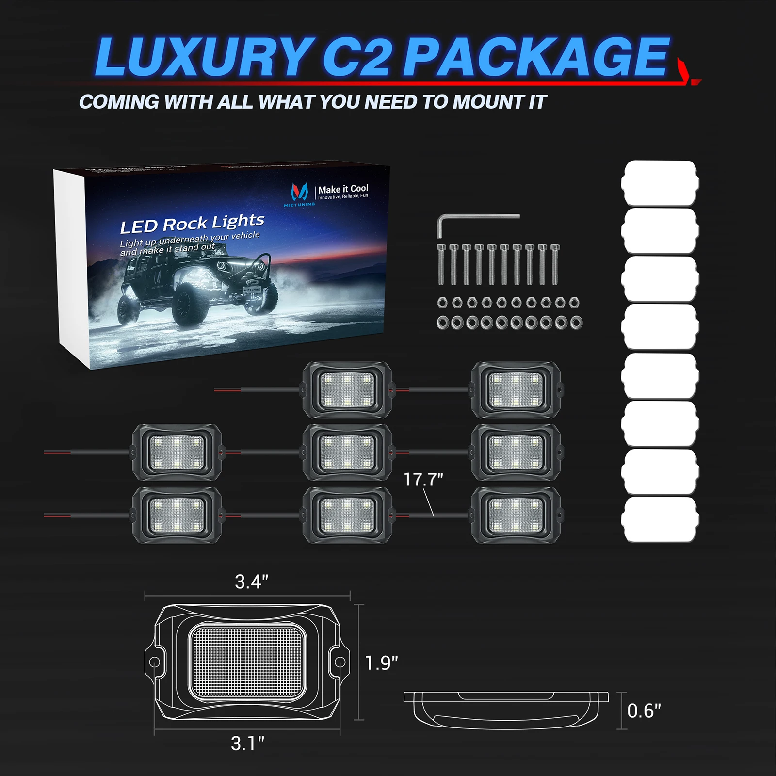 MICTUNING C2 Curved White LED Rock Lights,8 Pods Solid Color Underglow Lights,IP68 Waterproof For Car Truck Offroad ATV UTV
