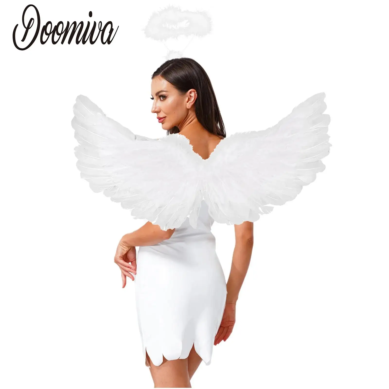

Women Angel Costume Cosplay White Sleeveless Dress Outfits with Feather Wings Headwear Set for Halloween Performance Raves Party