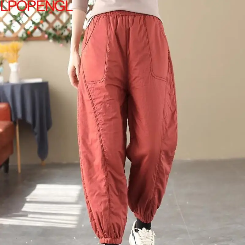 Modne, jednokolorowe, grube bawełniane spodnie typu lantern, codzienne, ciepłe, zimowe, nowość 2025, luźne, z elastyczną talią, codzienne spodnie bawełniane.
