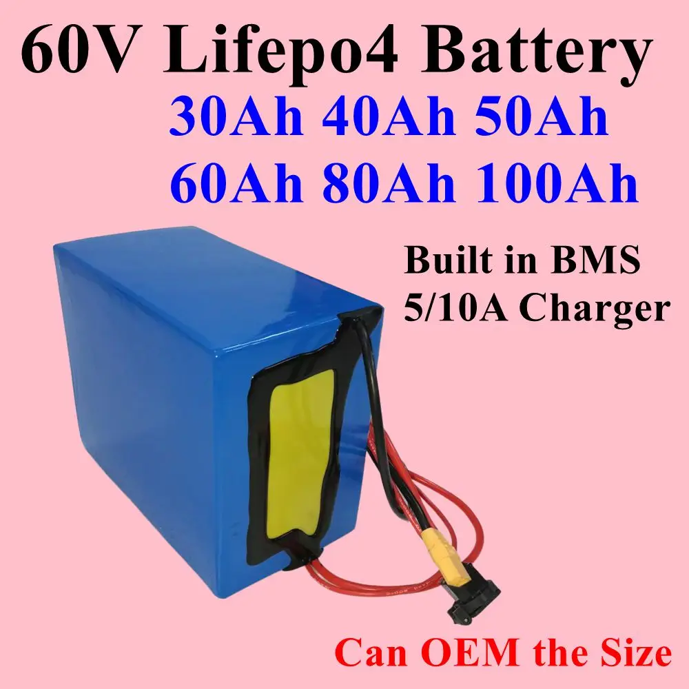 60V 60ah 50ah 100ah 20ah 30ah 40ah Lithium Lifepo4 battery +BMS for 2KW 3KW 5KW  Electric bicycles, tricycles, motor + Charger
