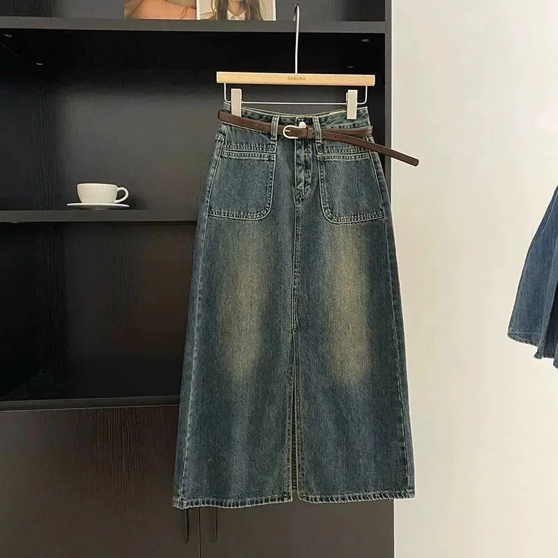 Vintage Denim Skirt Women Casual Long Skirts Washed Distressed Split Hem High Waist Pockets A Line 2024 Female Streetwear