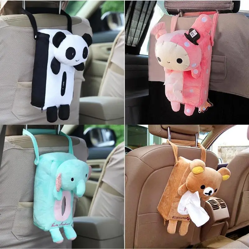 2027 1Pc Cartoon Animal Plush Tissue Box Cover Car Seat Back Napkin Holder Sun Visor Organizer Cute Paper Towel Pouch Auto