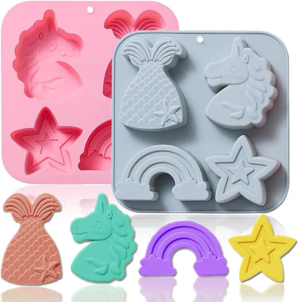 

4 Cavities Unicorn Star Rainbow Mermaid Tail Silicone Mold 3d Soaps Lotion Bar Bath Bombs Ice Cube Chocolate Jelly Cake Making