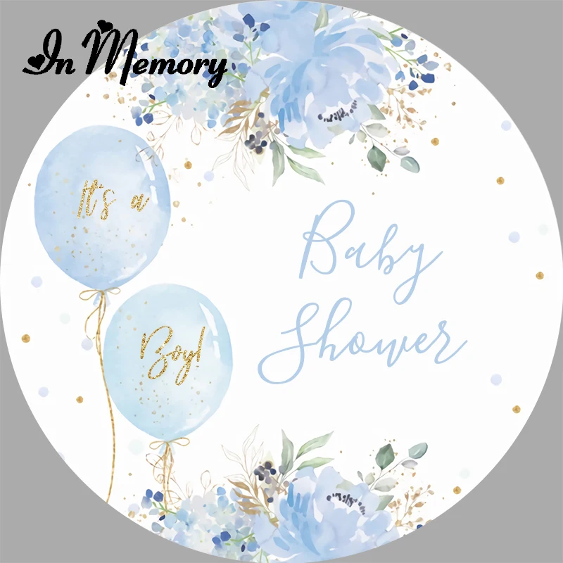 InMemory Light Blue White Baby Shower Round Backdrop Cover Flowers Balloons It's A Boy Newborn Circle Background Customized