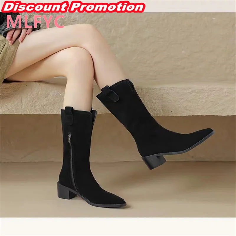 Women's Korean version medium tube boots, long boots, pointed middle heel boots, versatile female boots  NUBUCK