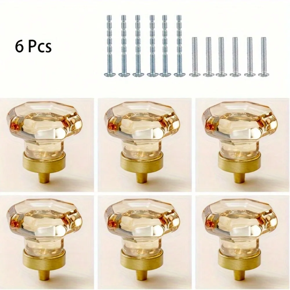 6Pcs Crystal Knobs Octangle Champagne Dresser Drawer Pulls Gold Knobs and Handles for Kitchen Bathroom Furniture 1-3/8