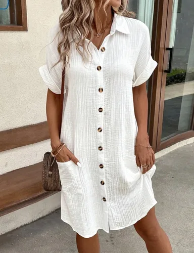 Imagen 1 del producto Vestido minimalista de verano a la moda con cuello en V y botones para mujer, vestido camisero holgado informal de lino y algodón blanco de manga corta con bolsillos