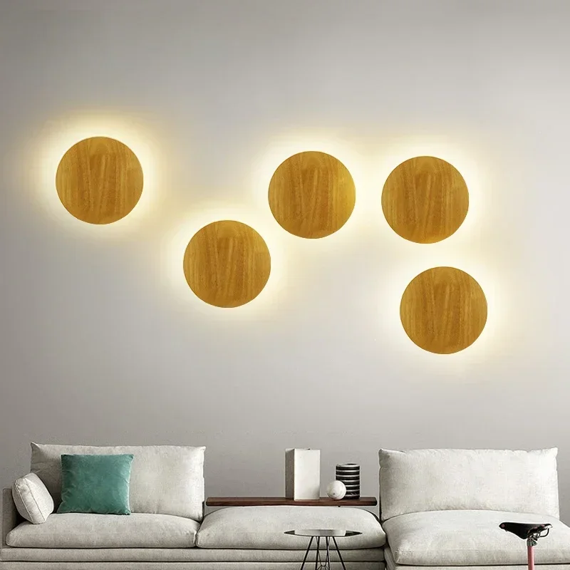 Nordic Original Round LED Wall Lamp Modern LED Wooden Wall Lamp Personality Bedside Bedroom Stair Wall-mounted Light
