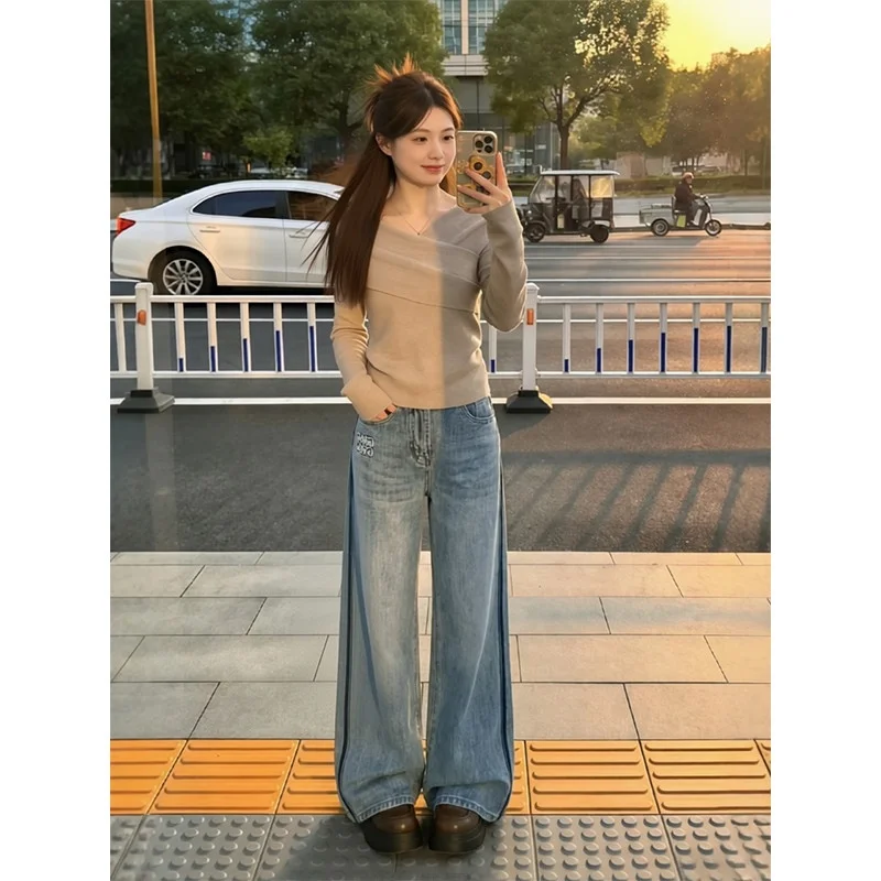

Spring 2026 Loose Straight Leg Blue Jeans Women's High Waist Illusion Slimming Casual Wide Leg Pants High Waist Denim