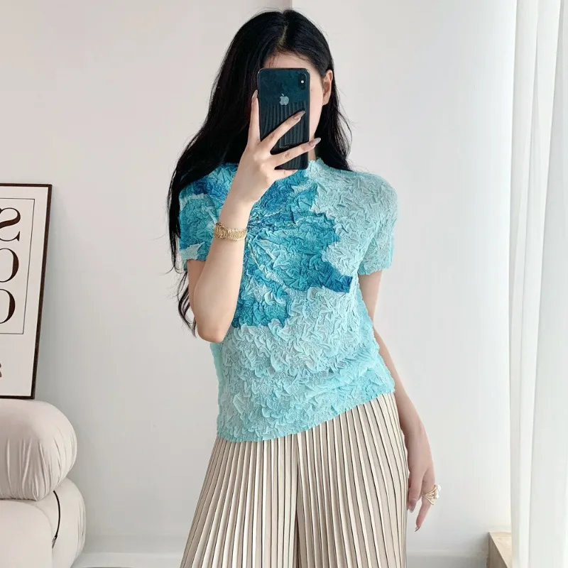  Pleated Positioning Print Colorful T-Shirt 2026 New Tie-Dye High Elasticity Short Sleeve Lightweight Women's No-Iron Top